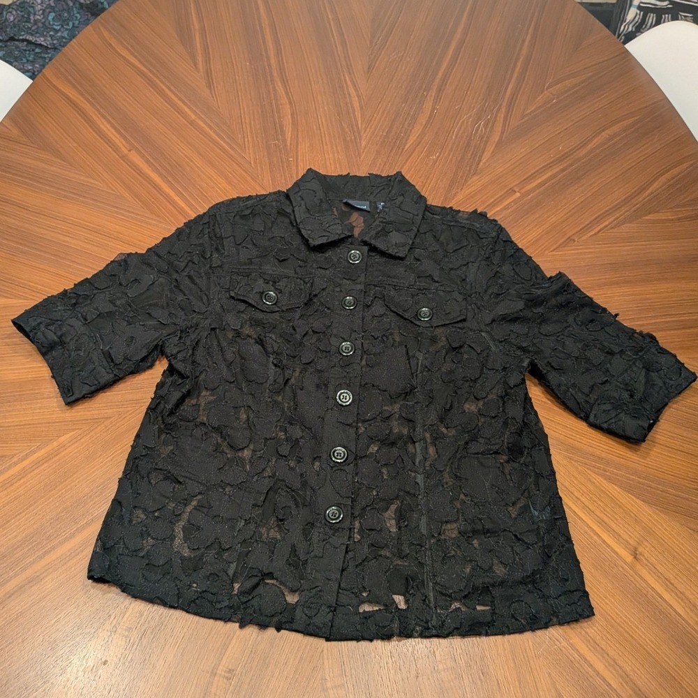 Westbound Button Down Shirt Womens PM Black Excellent Floral Lace Sheer Mesh Top